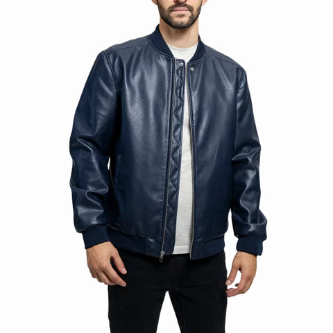 Men’s Navy Blue Leather Bomber Jacket