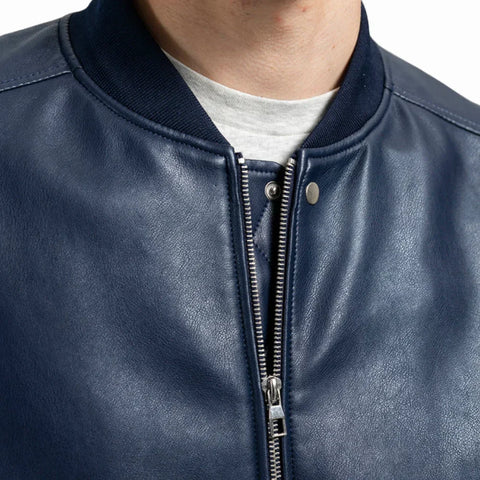 Men’s Navy Blue Leather Bomber Jacket