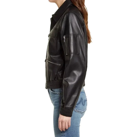 Women’s Black Zip Front Leather Bomber Jacket