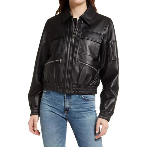 Women’s Black Zip Front Leather Bomber Jacket
