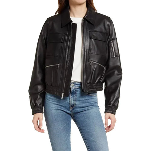 Women’s Black Zip Front Leather Bomber Jacket
