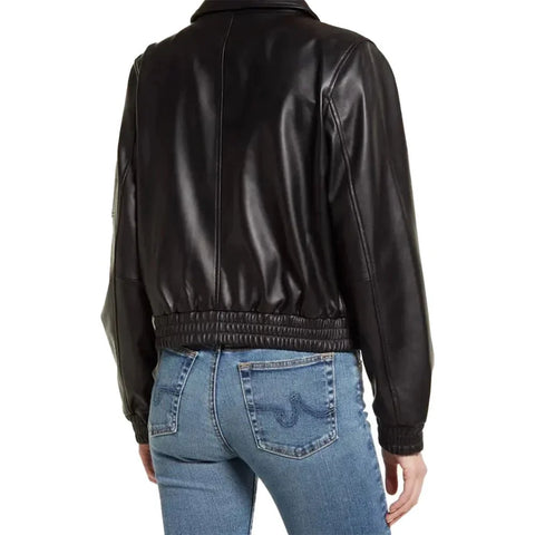 Women’s Black Zip Front Leather Bomber Jacket