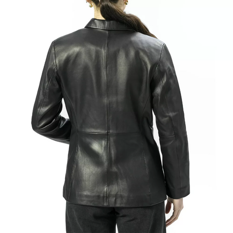 Women's Black Button Front Leather Jacket