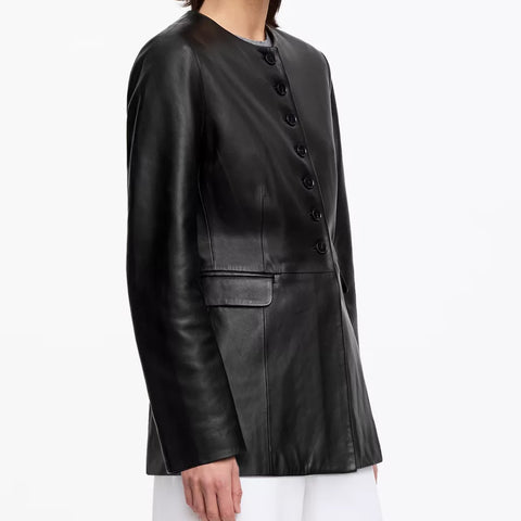 Women's Black Collarless Button Front Leather Jacket