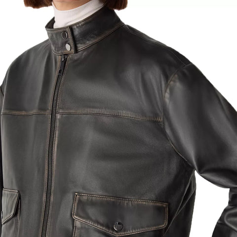 Women's Black Stand Collar Leather Bomber Jacket