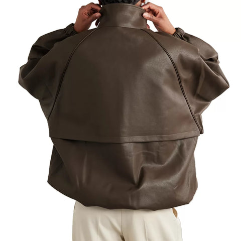 Women's Olive Green Leather Bomber Jacket
