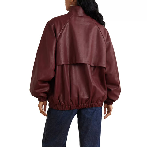 Women's Burgundy Leather Bomber Jacket
