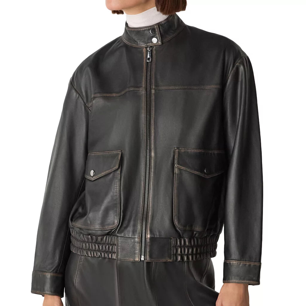 Women's Black Stand Collar Leather Bomber Jacket