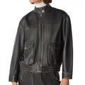 Women's Black Stand Collar Leather Bomber Jacket