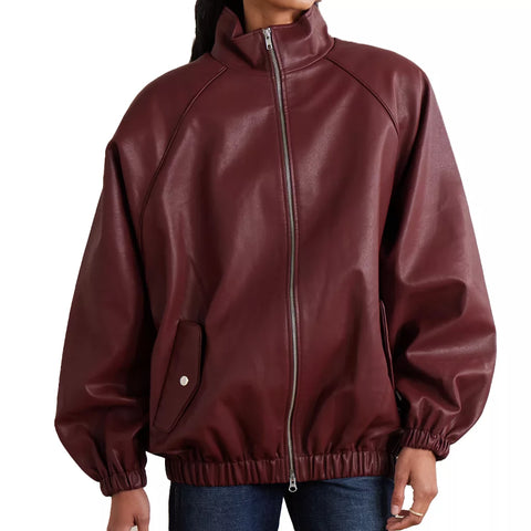 Women's Burgundy Leather Bomber Jacket
