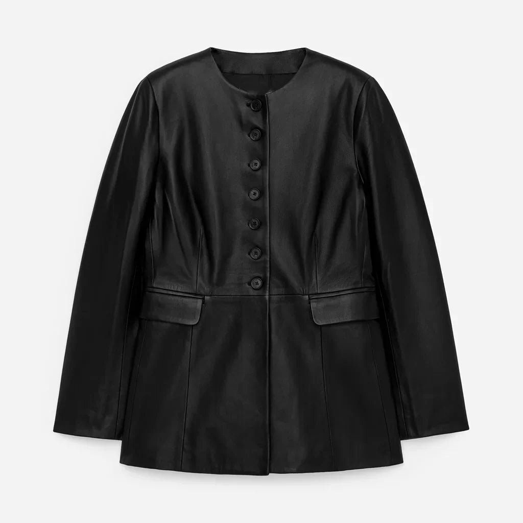 Women's Black Collarless Button Front Leather Jacket