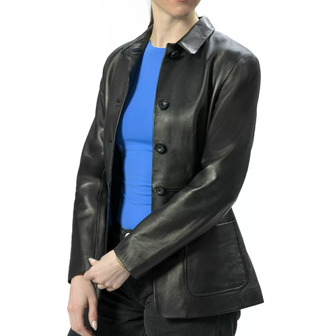 Women's Black Button Front Leather Jacket