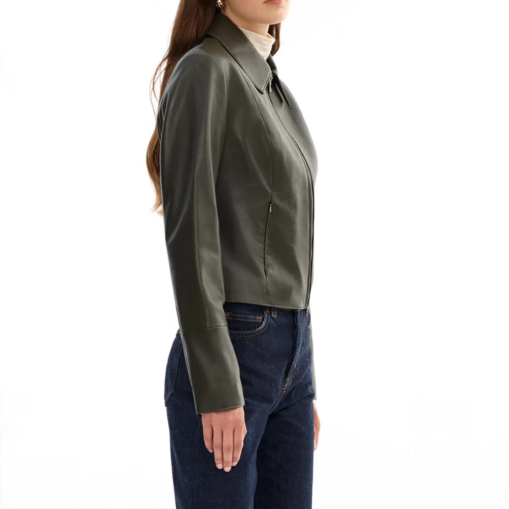 Women's Olive Green Harrington Shirt Collar Genuine Leather Jacket
