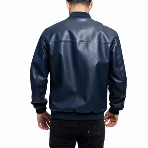 Men’s Navy Blue Leather Bomber Jacket