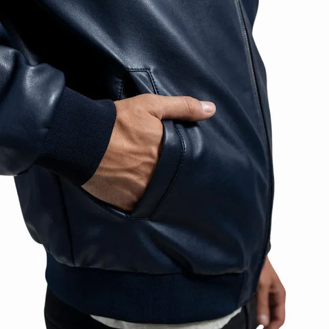 Men’s Navy Blue Leather Bomber Jacket