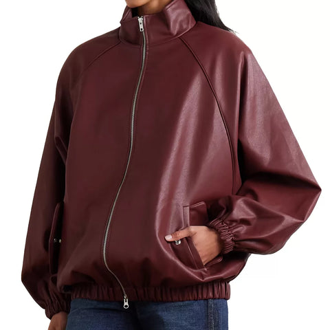 Women's Burgundy Leather Bomber Jacket