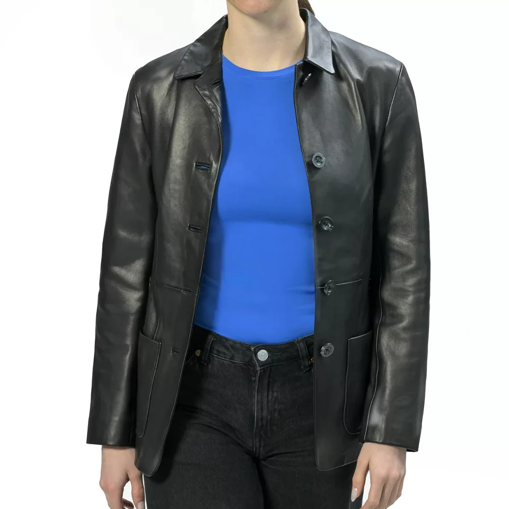 Women's Black Button Front Leather Jacket