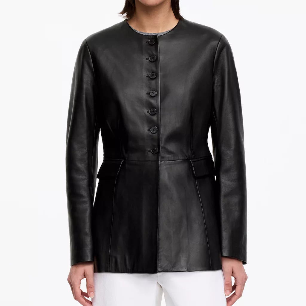 Women's Black Collarless Button Front Leather Jacket