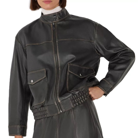 Women's Black Stand Collar Leather Bomber Jacket