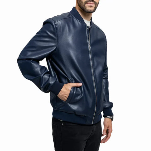 Men’s Navy Blue Leather Bomber Jacket