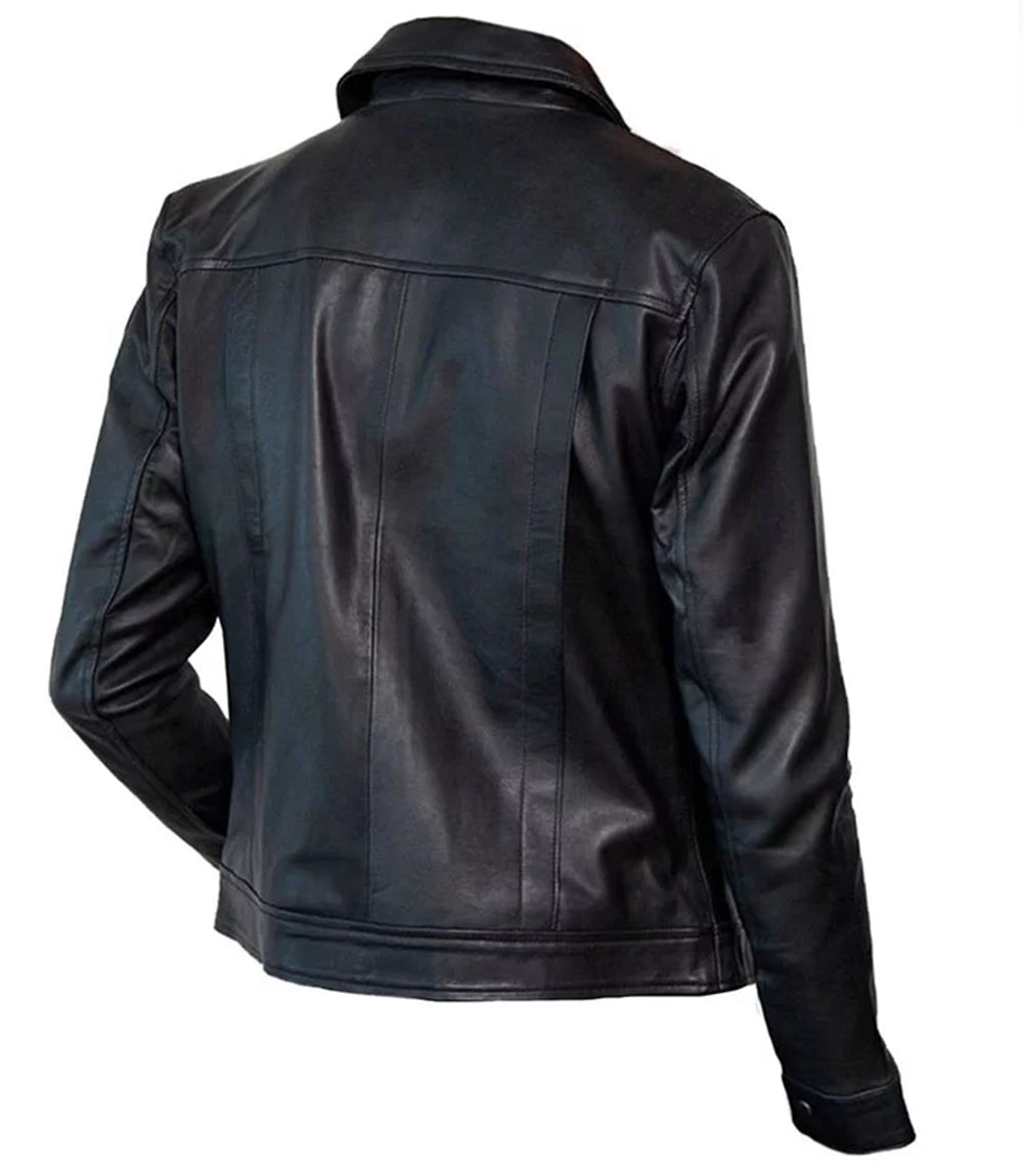 Men's Black Biker Leather Jacket Back - Xactwear