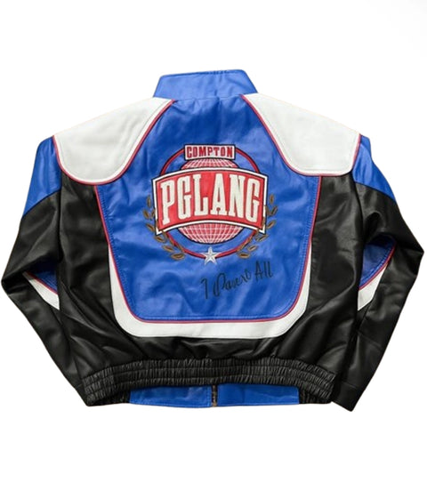 Men’s Blue Racing Style Leather Jacket Back Side - Xactwear