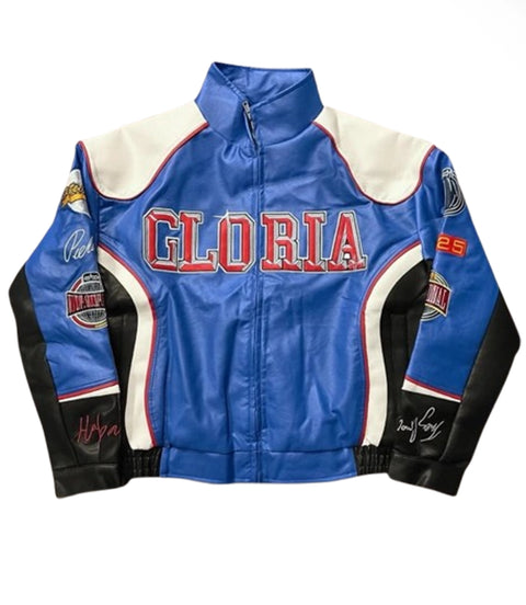 Men’s Blue Racing Style Leather Jacket Front - Xactwear
