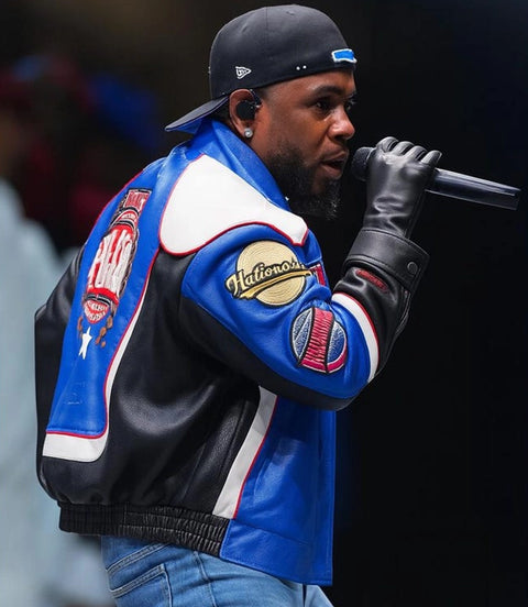 Men’s Blue Racing Style Leather Jacket Side - Xactwear