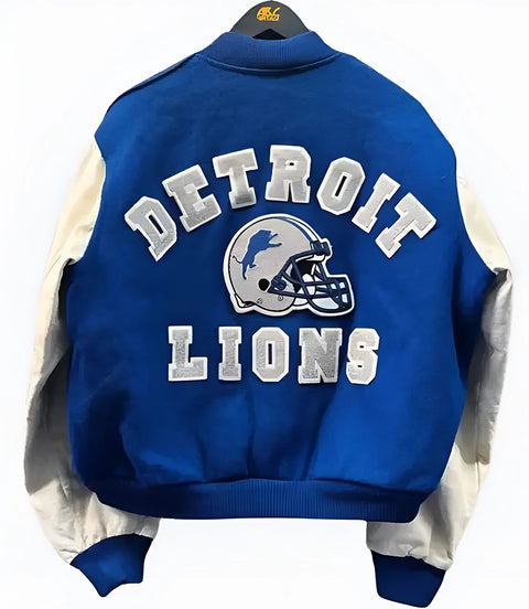 Men's Detroit Lions Blue Varsity Jacket Back - Xactwear