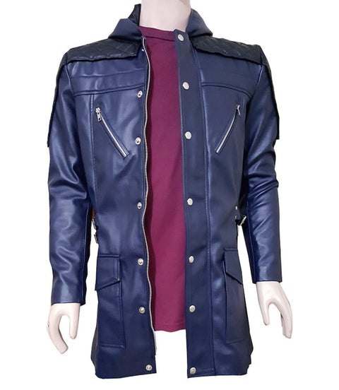 Men's Navy Leather Long Coat - Xactwear