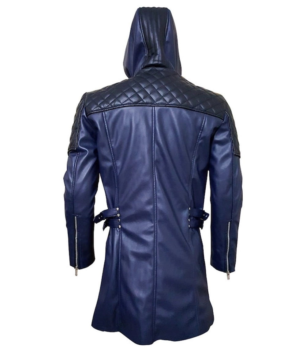 Men's Navy Leather Long Coat Back - Xactwear