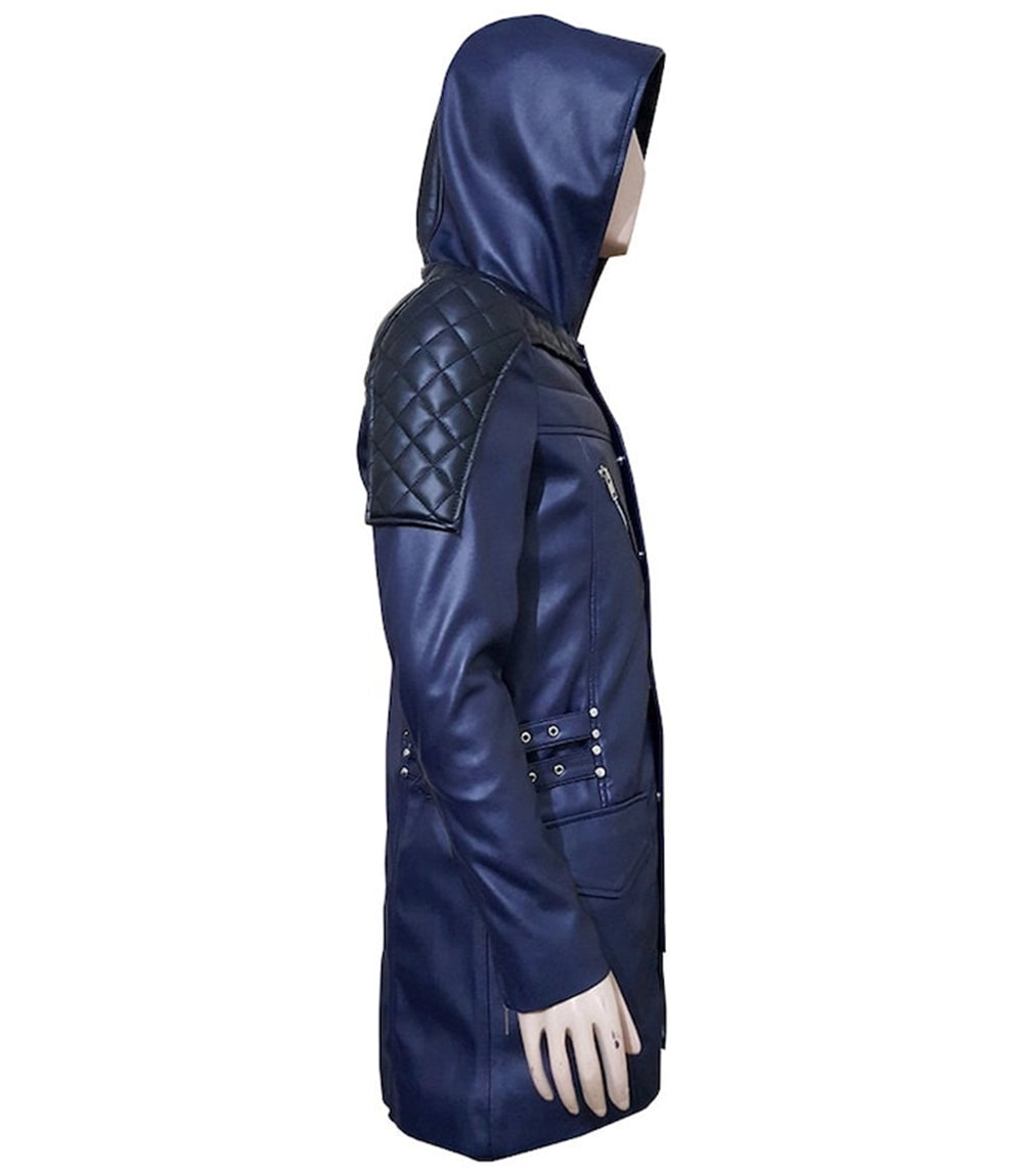 Men's Navy Leather Long Coat Side - Xactwear