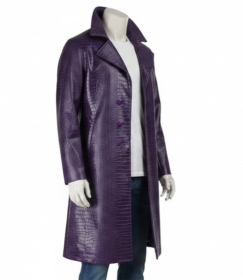 Men's Purple Crocodile Leather Trench Coat Side - Xactwear