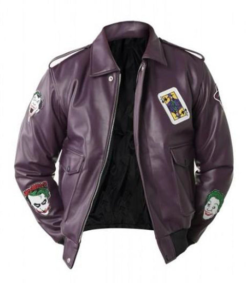 Men's Purple Joker Bomber Leather Jacket - Xactwear