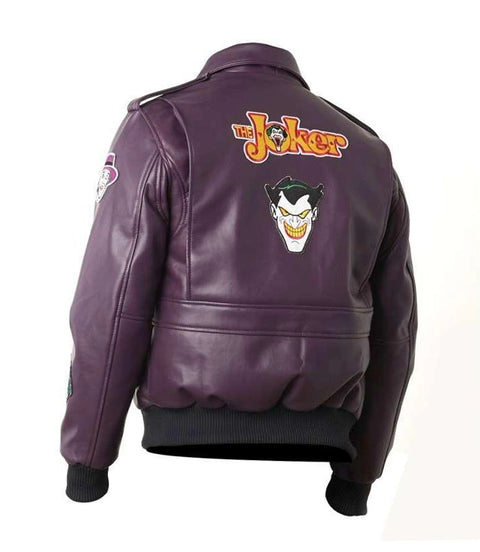 Men's Purple Joker Bomber Leather Jacket Back - Xactwear