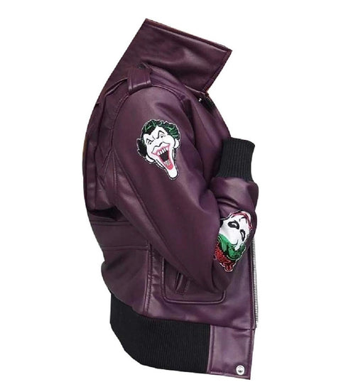 Men's Purple Joker Bomber Leather Jacket Side View - Xactwear