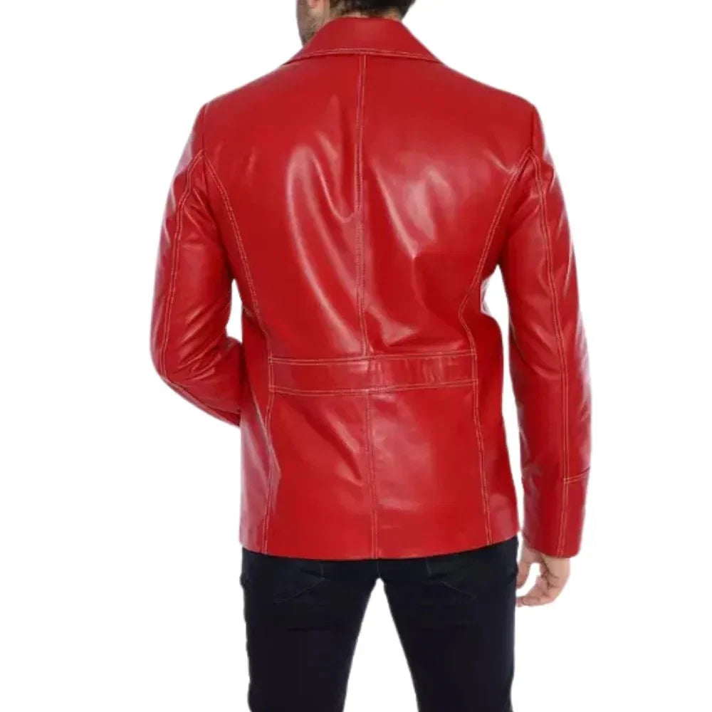 Men's Red Lambskin Lapel-Collar Leather Coat Back - Xactwear