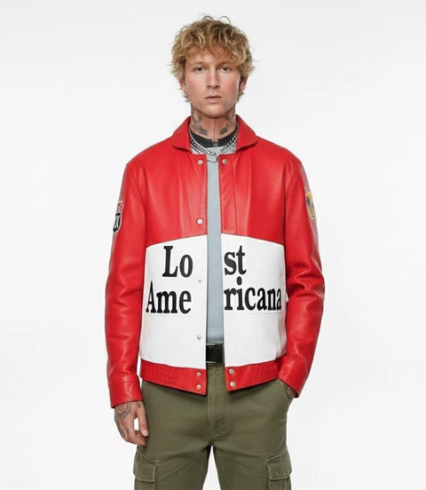 Men's Red White Color Block Leather Jacket - Xactwear