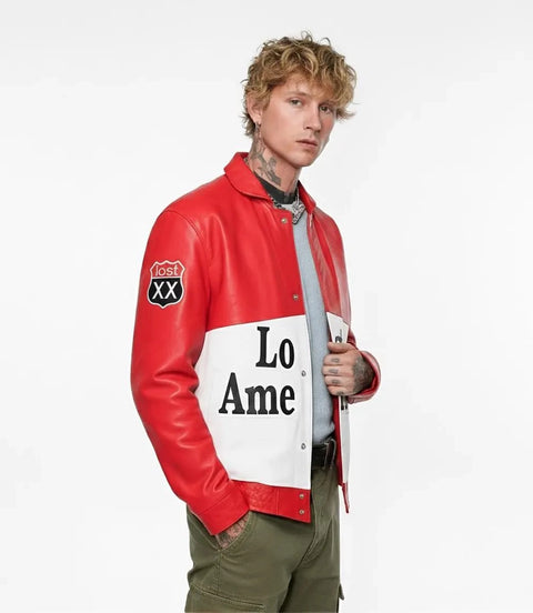 Men's Red White Color Block Leather Jacket  Side - Xactwear