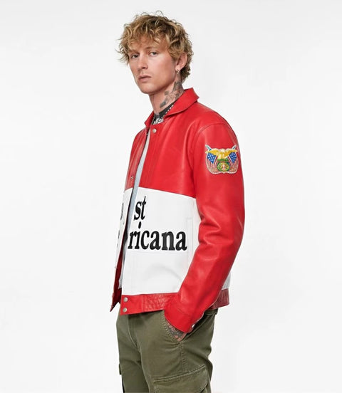 Men's Red White Color Block Leather Jacket  Side View - Xactwear