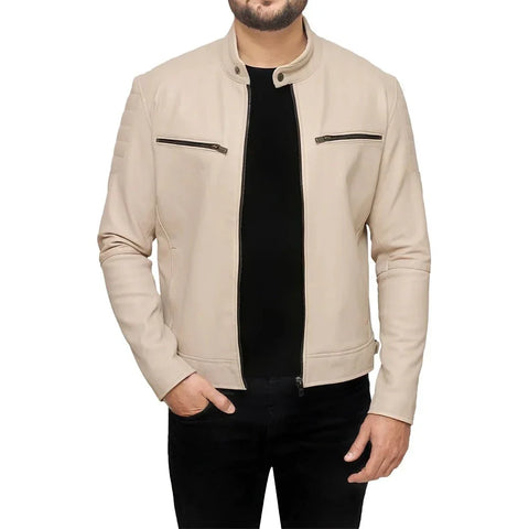 Men’s Beige Café Racer Real Leather Jacket