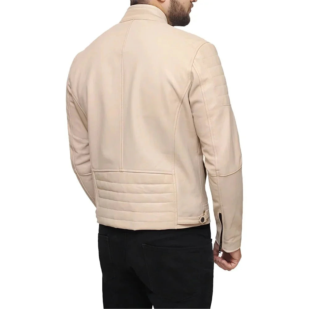 Men’s Beige Café Racer Real Leather Jacket