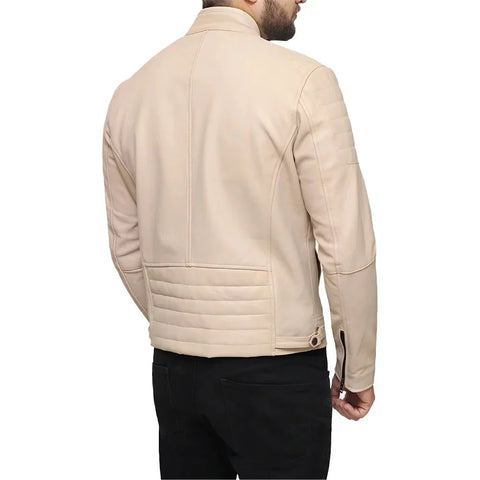Men’s Beige Café Racer Real Leather Jacket