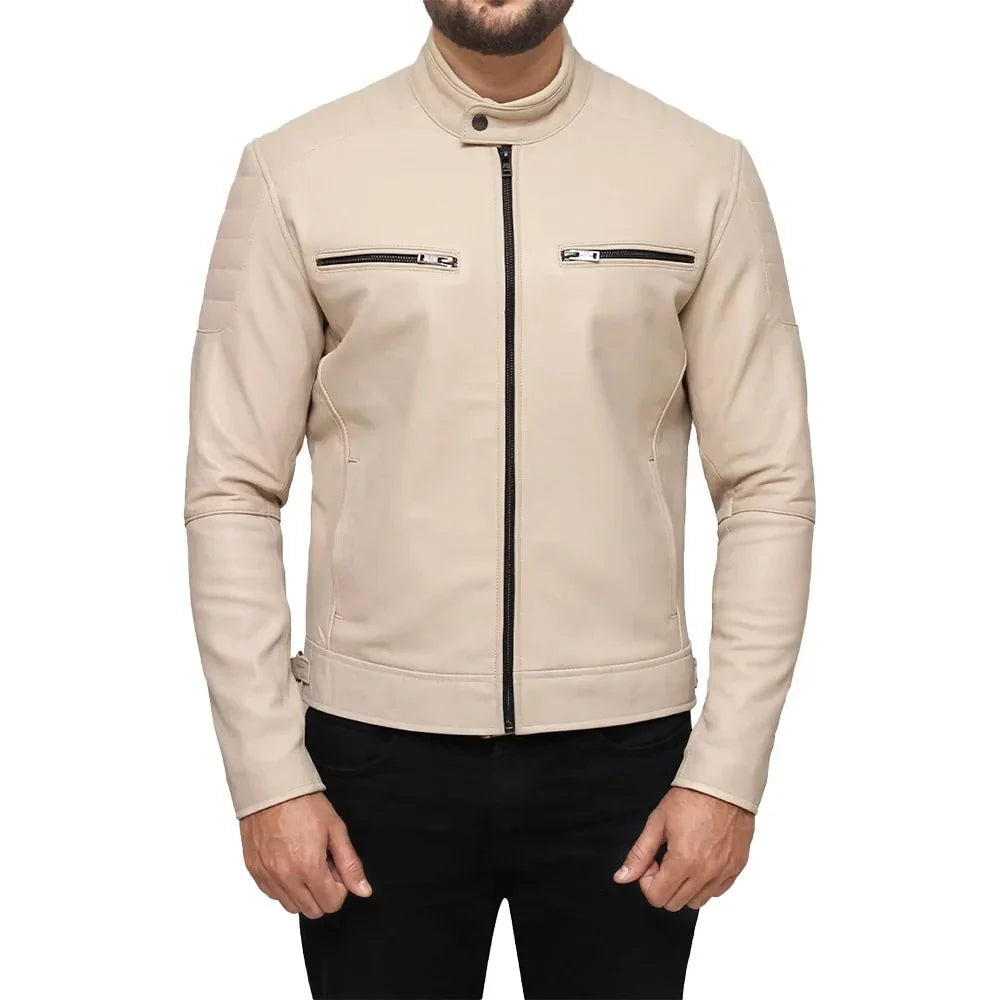 Men’s Beige Café Racer Real Leather Jacket