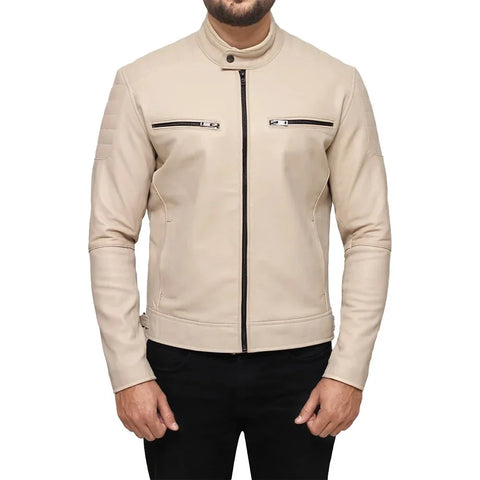 Men’s Beige Café Racer Real Leather Jacket