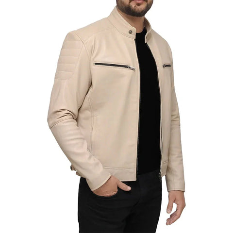 Men’s Beige Café Racer Real Leather Jacket