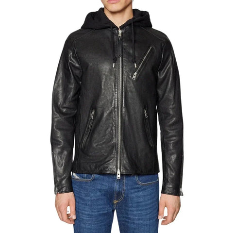 Men's Black Hooded Leather Bomber Jacket