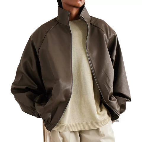 Women's Olive Green Leather Bomber Jacket