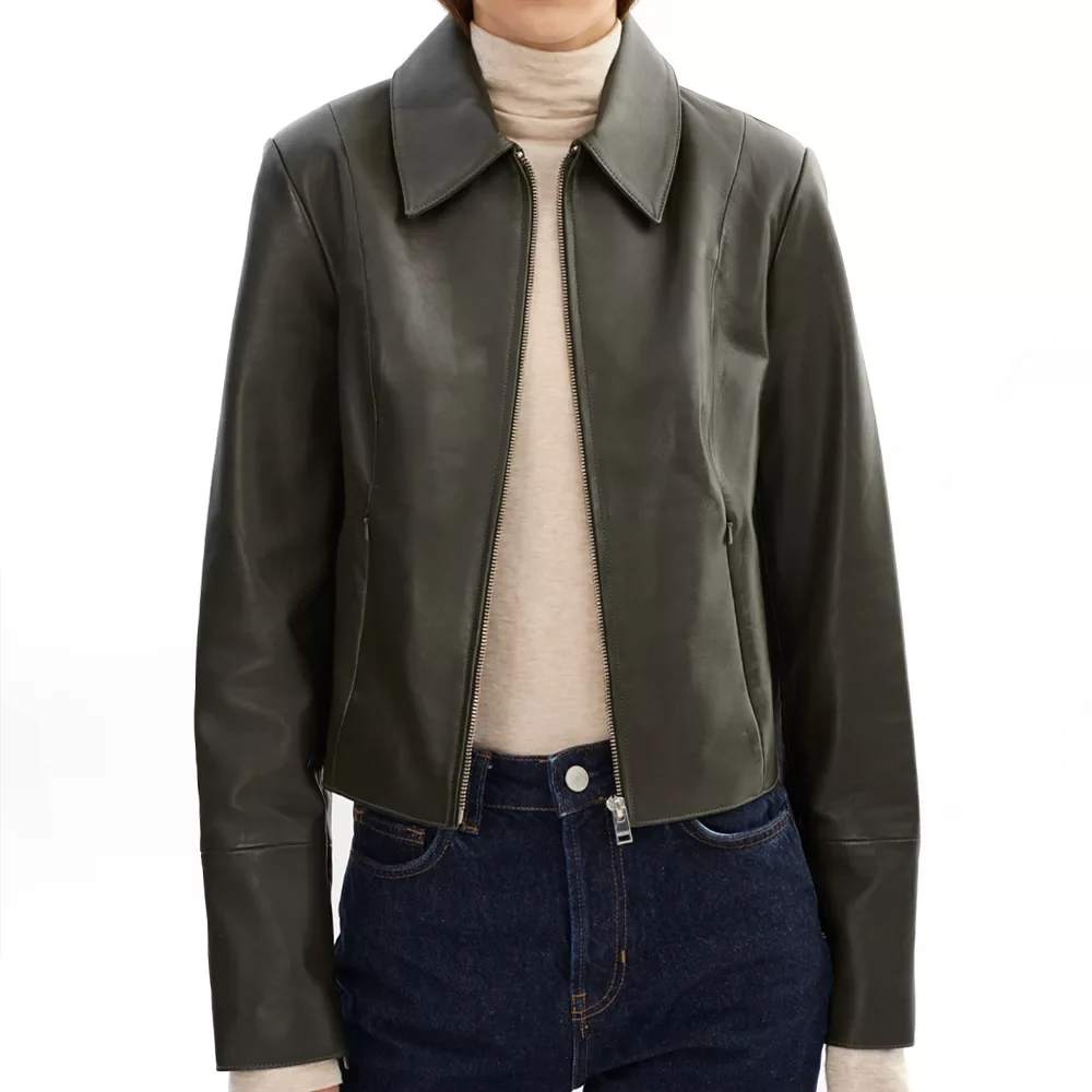 Women's Olive Green Harrington Shirt Collar Genuine Leather Jacket