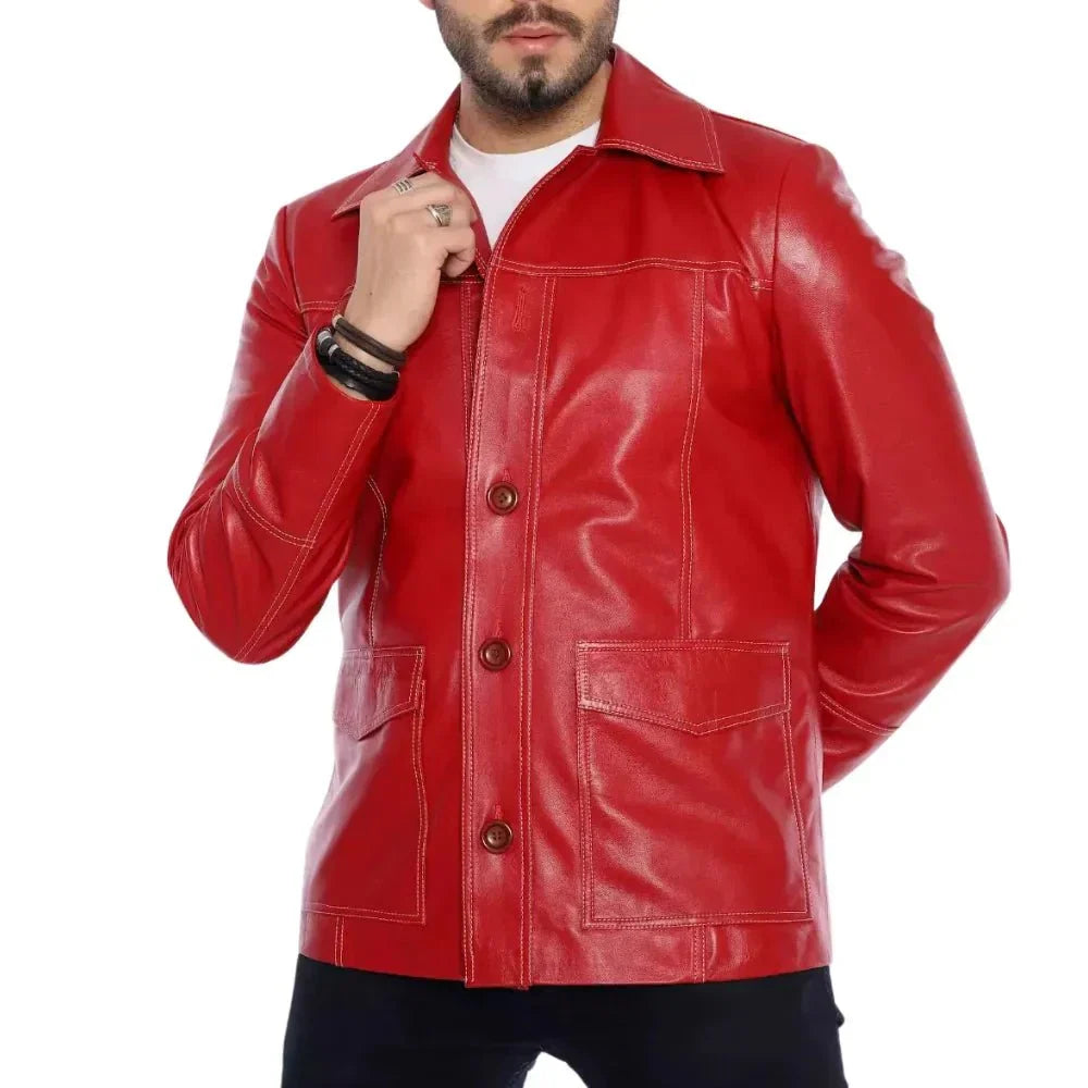 Shop Men's Red Lambskin Lapel-Collar Leather Coat  - Xactwear